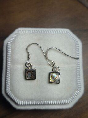 Vintage 925 Sterling Silver & Abalone Shell Square Drop Earrings